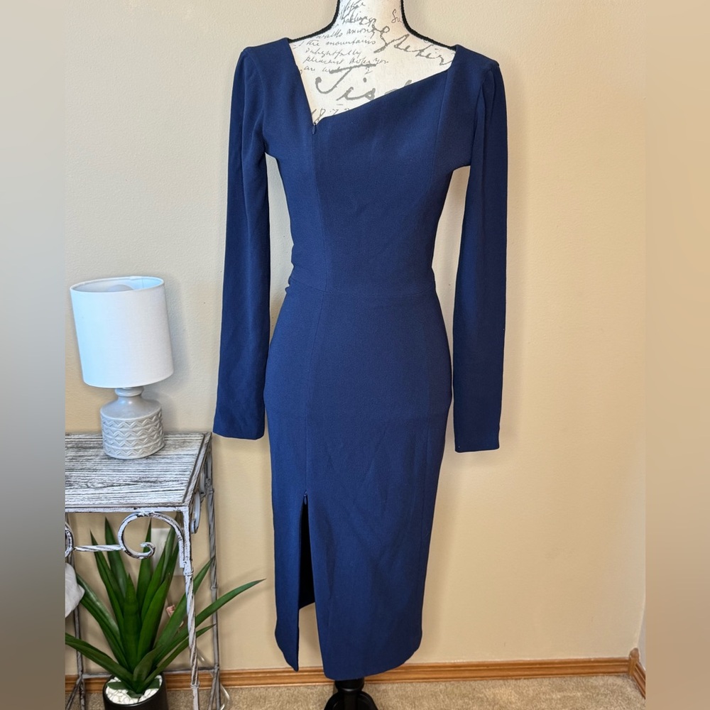 DRESS THE POPULATION Sheath Dress Long Sleeve Asymmetrical Neckline XXS 0 Blue